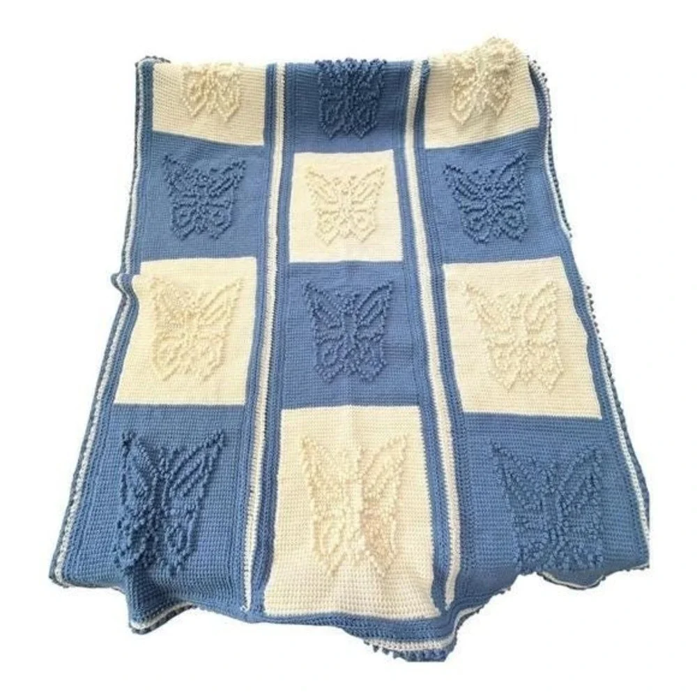 Handmade Crochet Butterfly Afghan Throw Blanket 54x68 Blue Cream Cottagecore